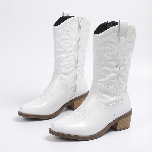 Santiag mi-haute blanc Synthétique Femme - Style western avec broderies élégantes