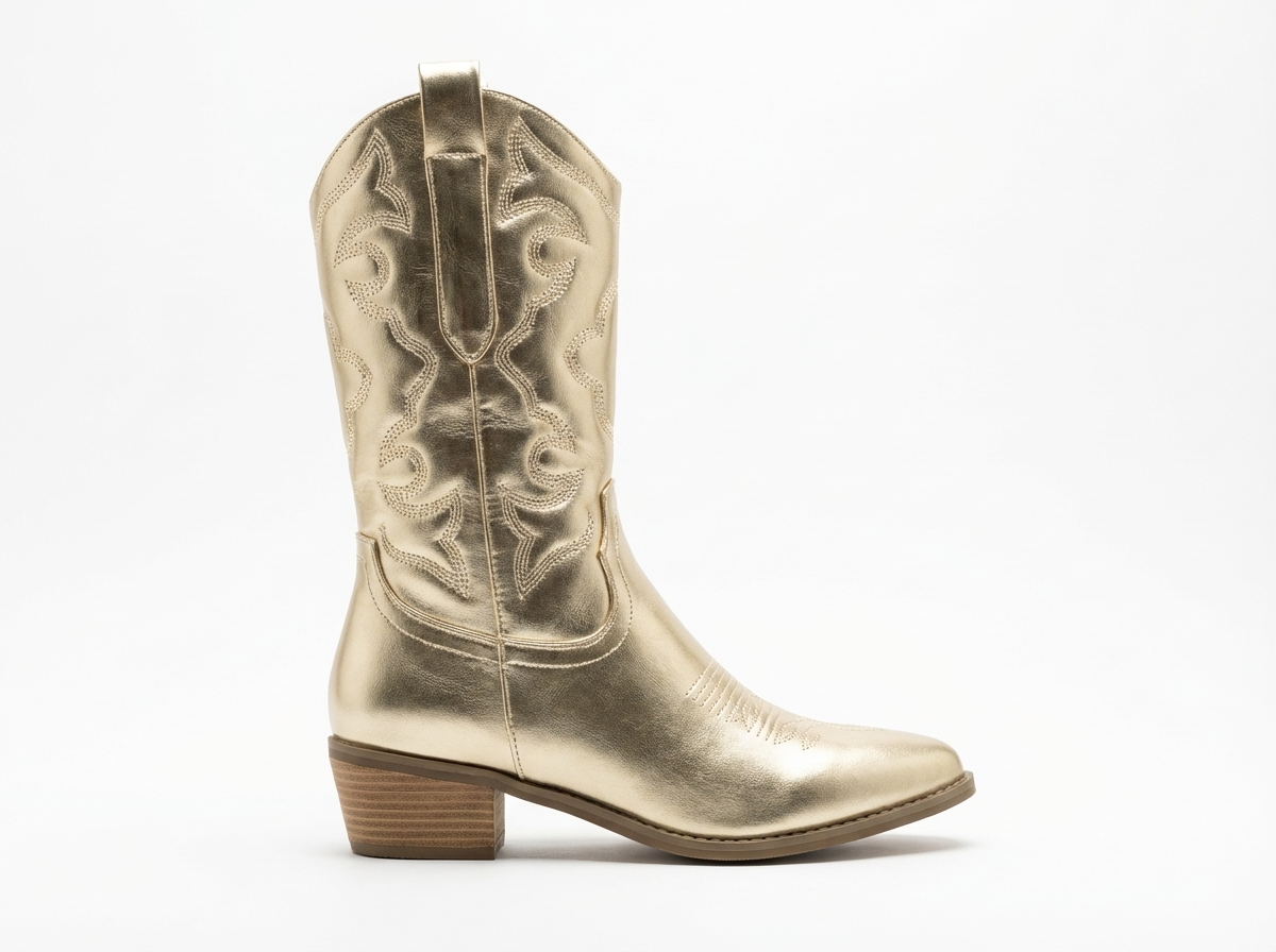 Santiag mi-haute dorée Simili Cuir Femme - Broderies western et éclat doré chic 2