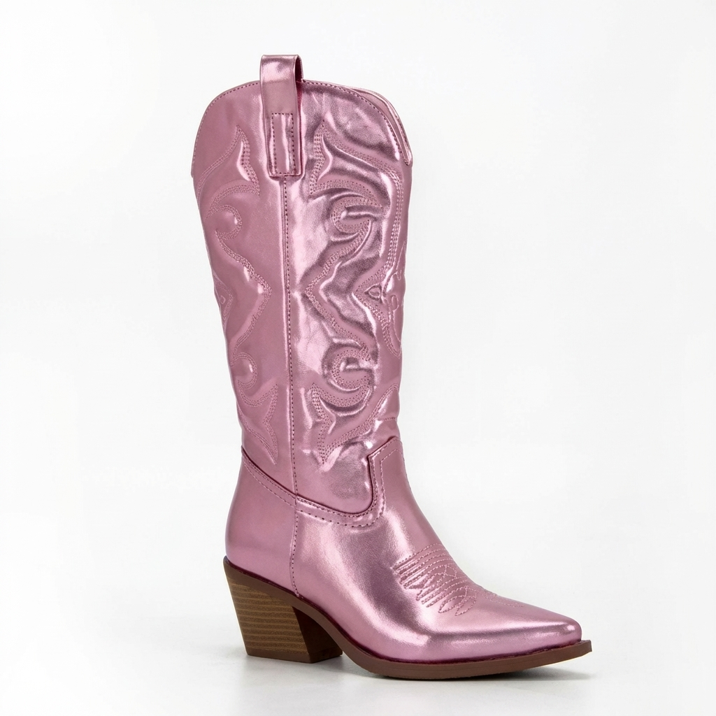 Santiag mi-haute rose Synthétique Femme - Éclat rose, broderies western élégantes