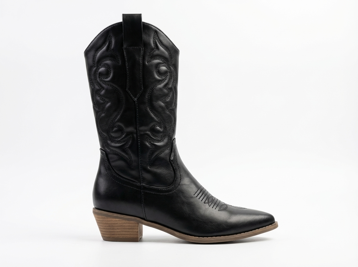 Santiag mi-haute noir Simili Cuir Femme - Style western, coutures distinctives élégantes 2