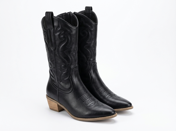 Santiag mi-haute noir Simili Cuir Femme - Style western, coutures distinctives élégantes