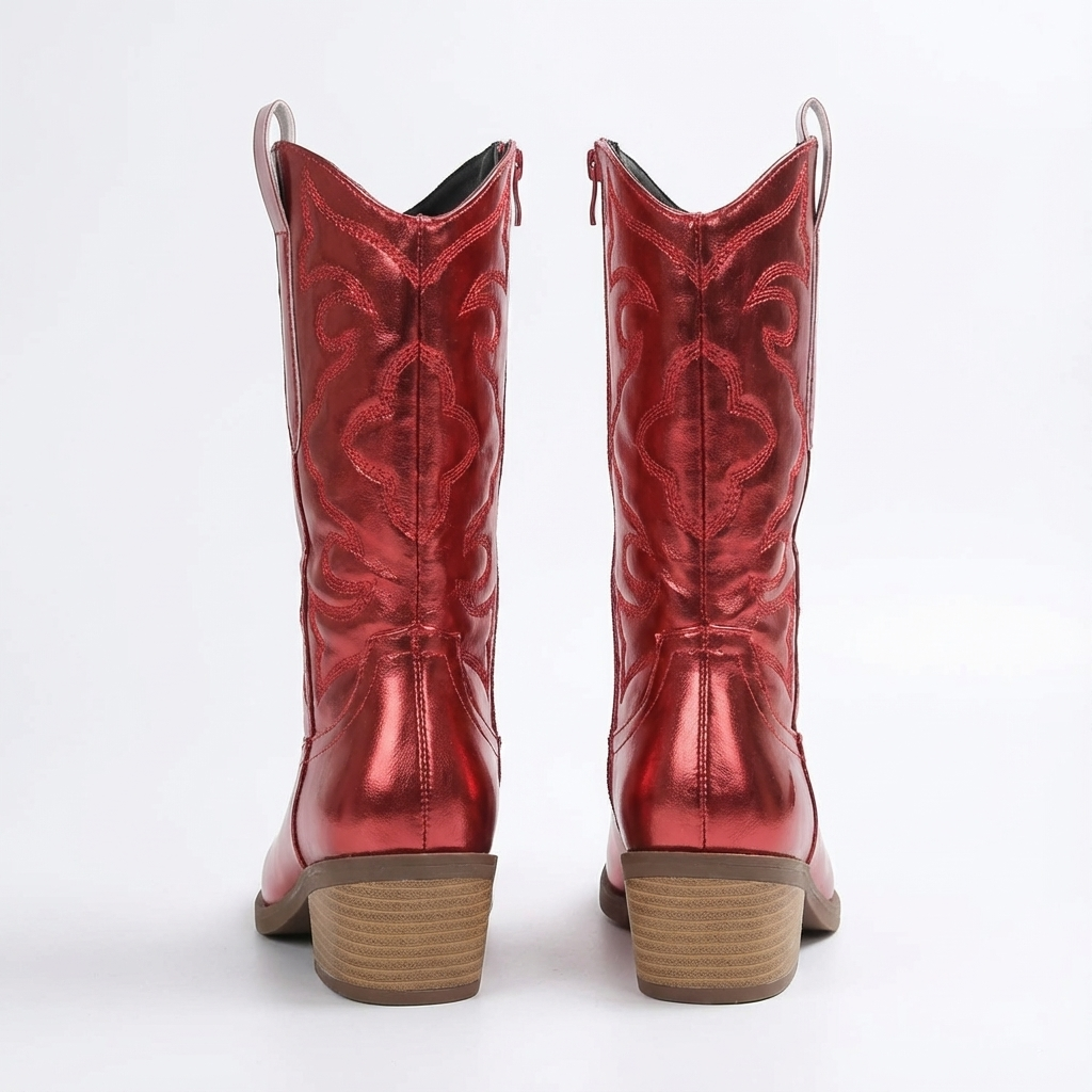 Santiag mi-haute rouge Simili Cuir Femme - Broderies western et texture métallisée 3