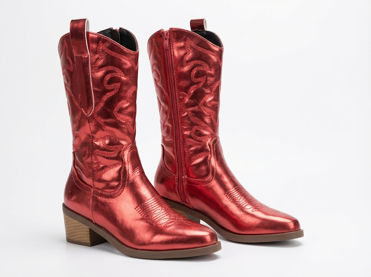 Santiag mi-haute rouge Simili Cuir Femme - Broderies western et texture métallisée