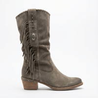 Santiag mi-haute gris Daim Synthétique Femme - Franges western et talons bas rustiques 3