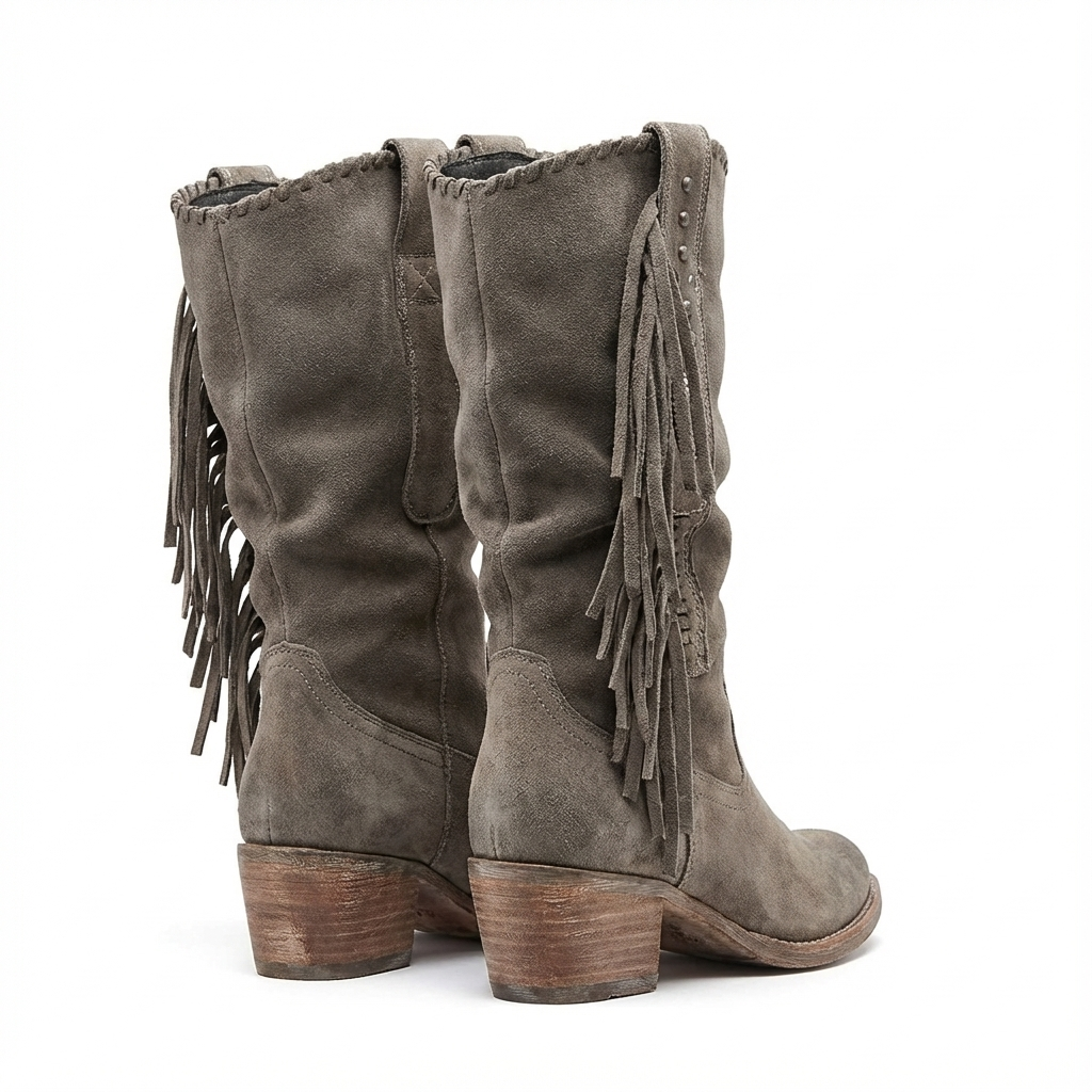 Santiag mi-haute gris Daim Synthétique Femme - Franges western et talons bas rustiques 2
