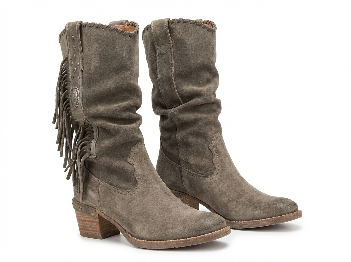 Santiag mi-haute gris Daim Synthétique Femme - Franges western et talons bas rustiques