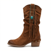 Santiag mi-haute marron Daim Synthétique Femme - Franges stylées avec rivets métalliques brillants 2