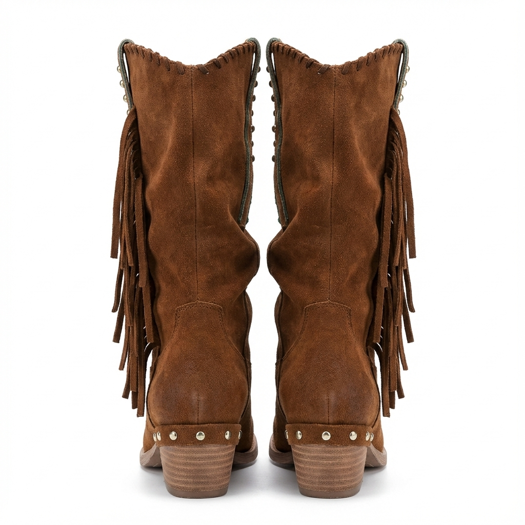 Santiag mi-haute marron Daim Synthétique Femme - Franges stylées avec rivets métalliques brillants 3