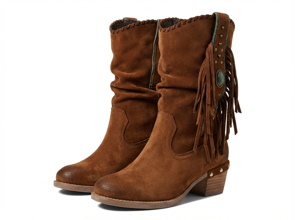 Santiag mi-haute marron Daim Synthétique Femme - Franges stylées avec rivets métalliques brillants