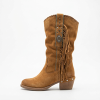 Santiag mi-haute camel Daim Synthétique Femme - Franges western avec clous élégants 2