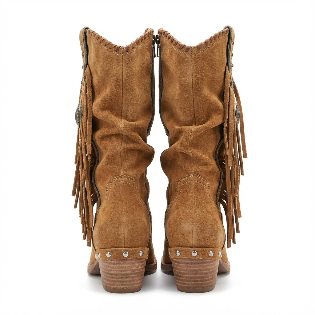 Santiag mi-haute camel Daim Synthétique Femme - Franges western avec clous élégants 3