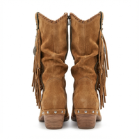 Santiag mi-haute camel Daim Synthétique Femme - Franges western avec clous élégants 3