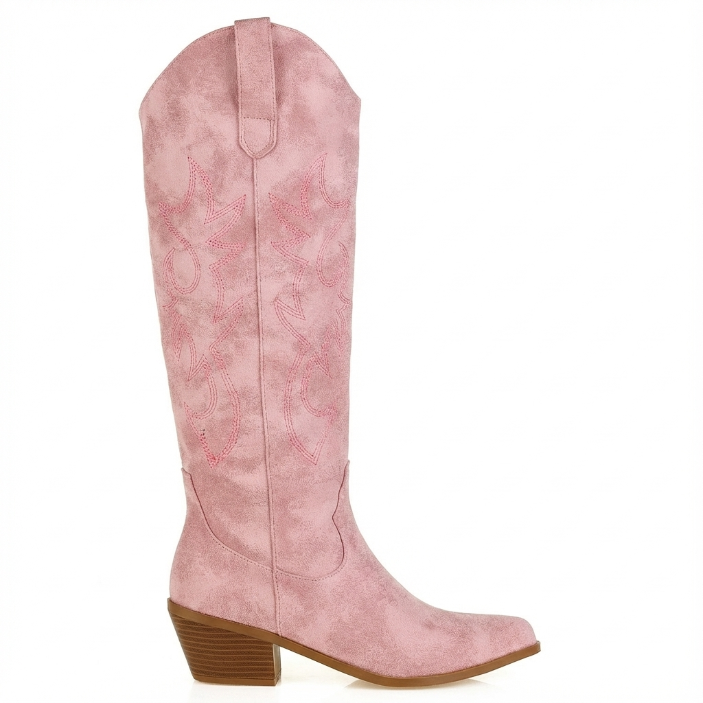 Santiag haute rose Simili Cuir Femme - Broderies florales roses élégantes et uniques 2