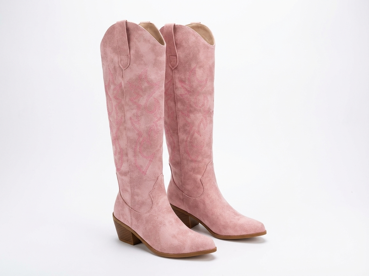 Santiag haute rose Simili Cuir Femme - Broderies florales roses élégantes et uniques