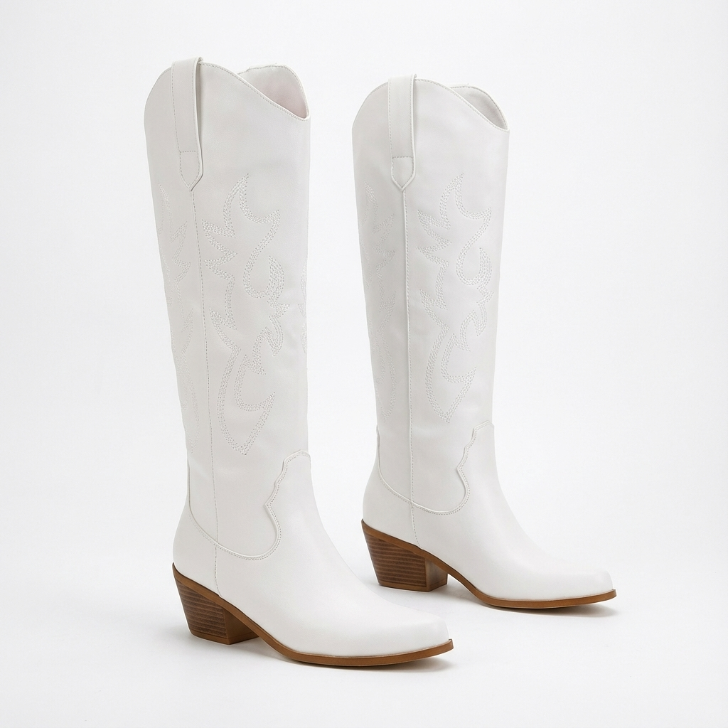 Santiag haute blanc PU Femme - Broderie florale et talon cubain rustique