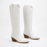 Santiag haute blanc PU Femme - Broderie florale et talon cubain rustique 1