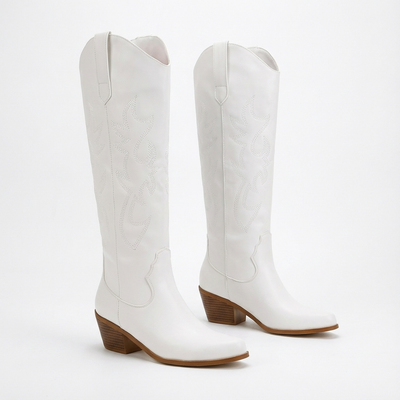 Santiag haute blanc PU Femme - Broderie florale et talon cubain rustique - three_quarter_view