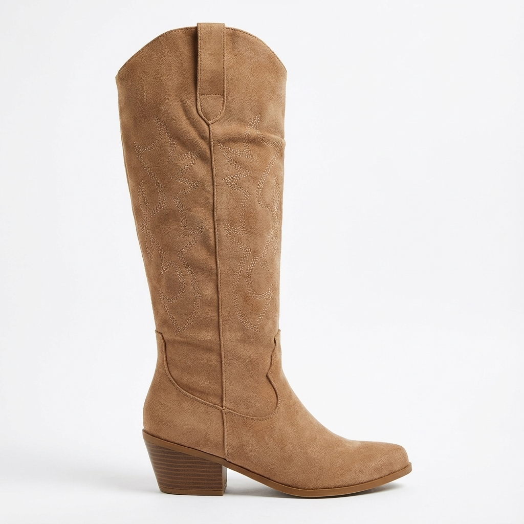 Santiag haute camel Simili Cuir Femme - Broderies florales, bout amande élégant 2