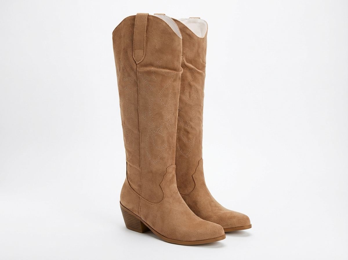 Santiag haute camel Simili Cuir Femme - Broderies florales, bout amande élégant