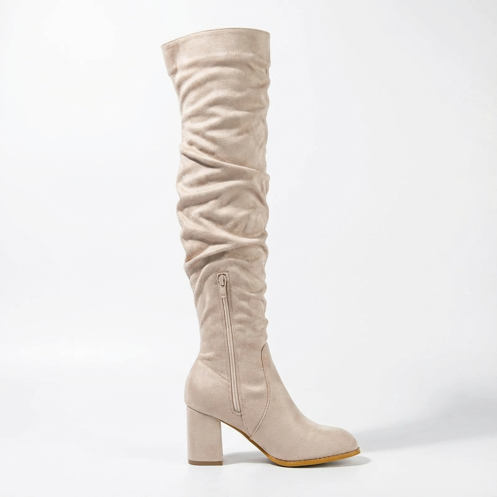 Santiag haute beige Daim Synthétique Femme - Style motard avec fermeture éclair 2