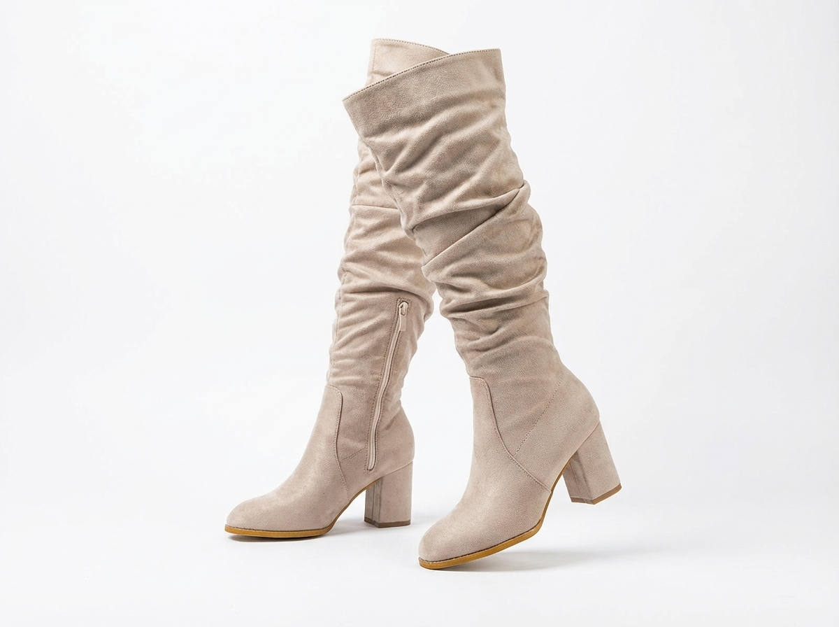 Santiag haute beige Daim Synthétique Femme - Style motard avec fermeture éclair