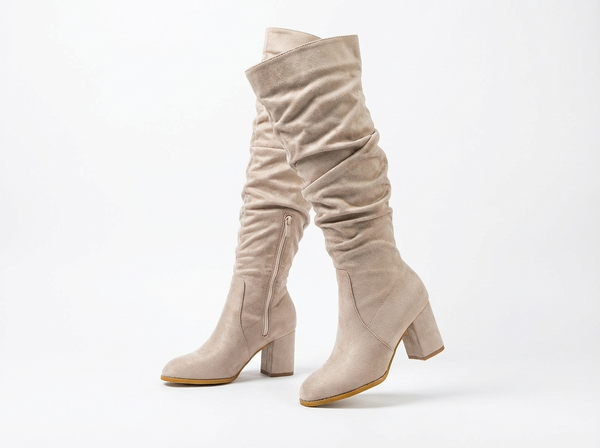 Santiag haute beige Daim Synthétique Femme - Style motard avec fermeture éclair - three_quarter_view