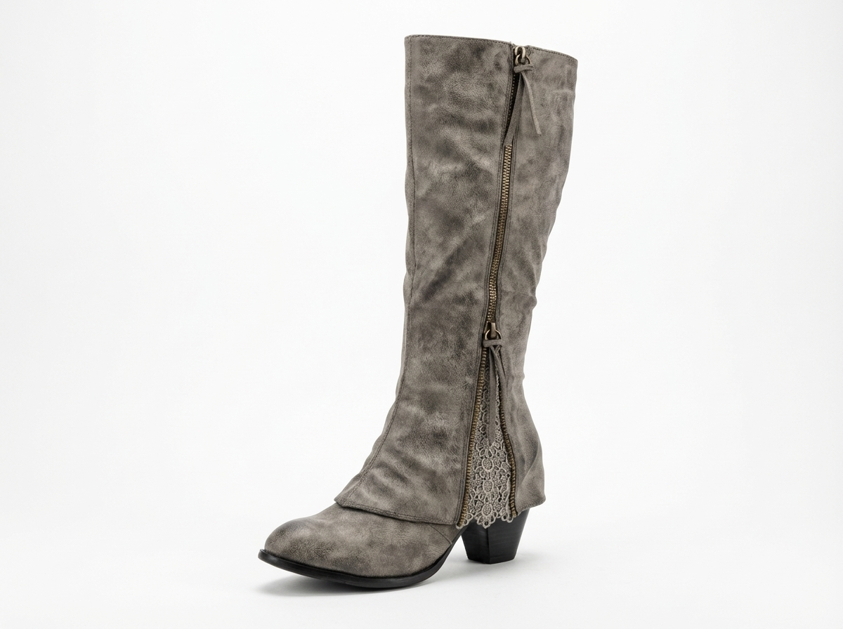 Santiag mi-haute gris Daim Synthétique Femme - Fermeture éclair arrière, talon carré stable