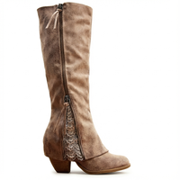 Santiag haute marron clair Daim Synthétique Femme - Broderie florale et talon carré élégant 2