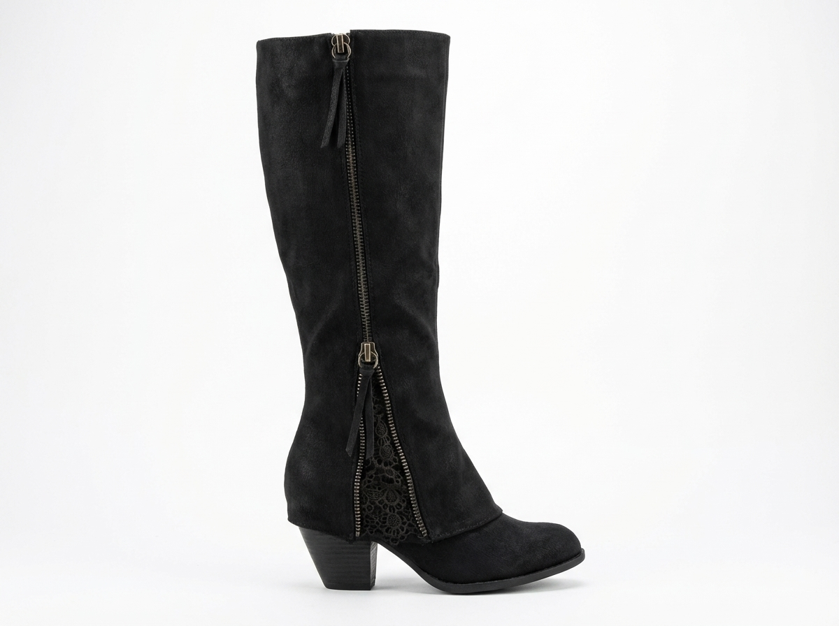 Santiag haute noir Daim Synthétique Femme - Talon carré, fermeture éclair élégante 2