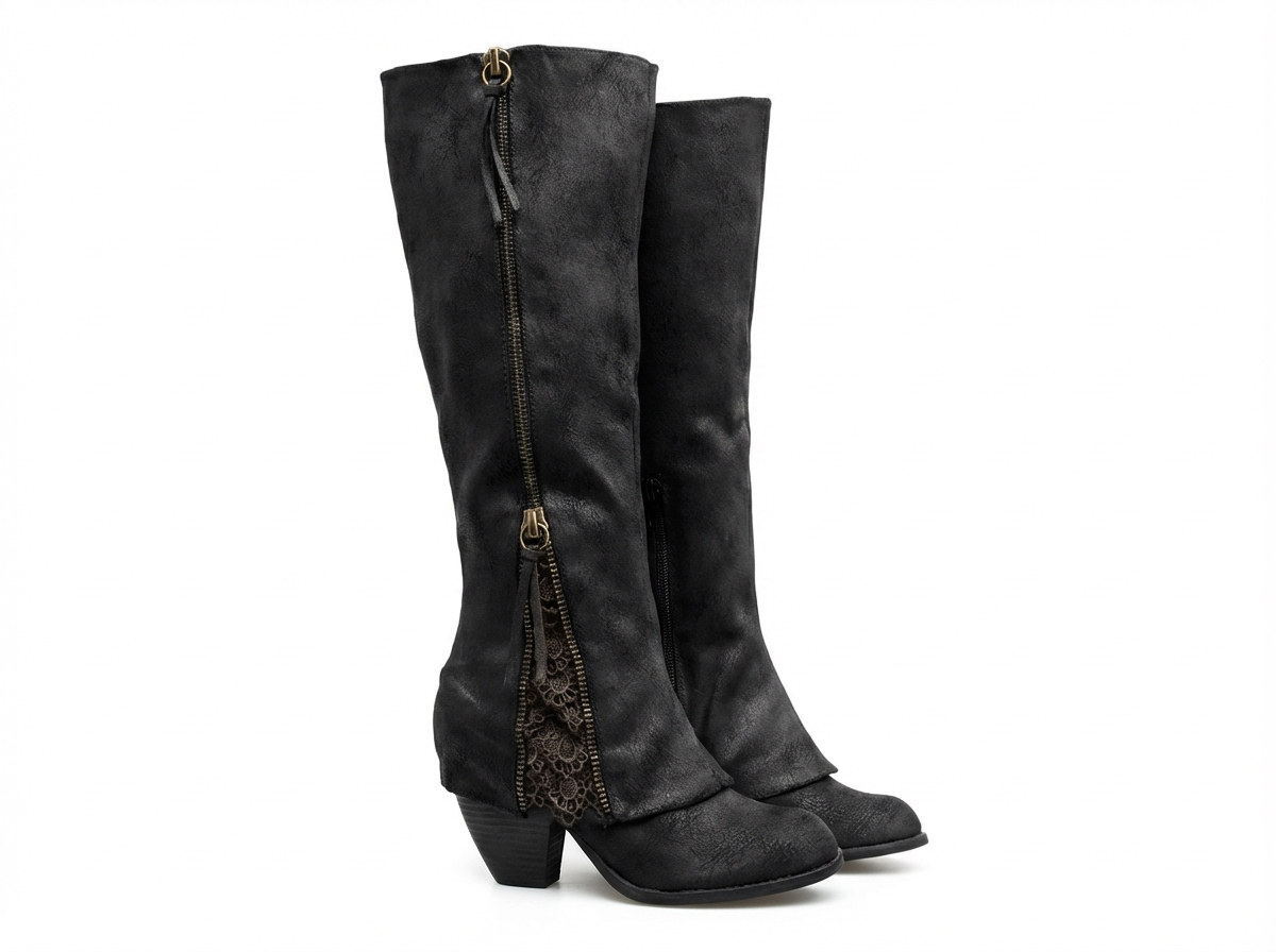 Santiag haute noir Daim Synthétique Femme - Talon carré, fermeture éclair élégante