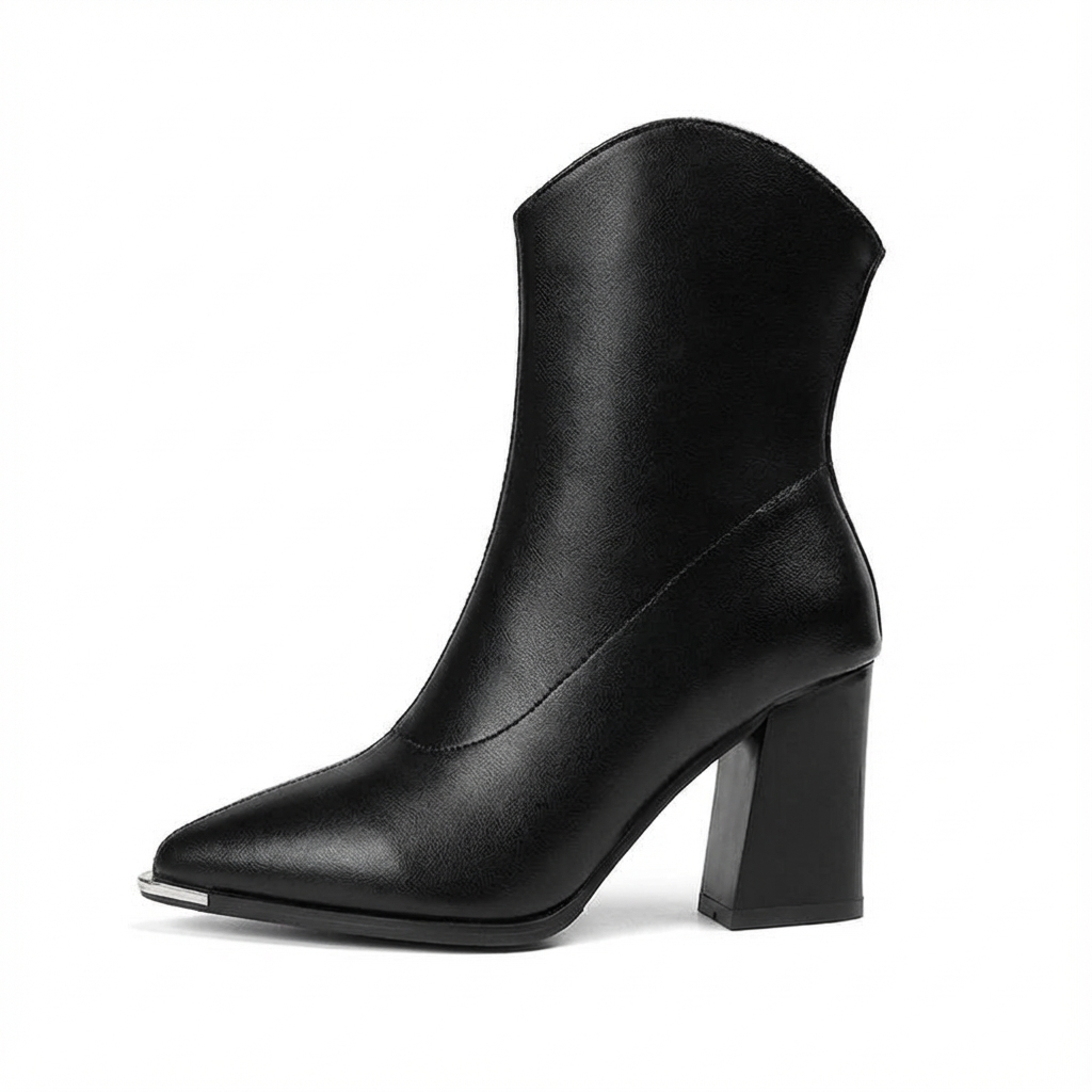 Bottine haute noir Cuir Femme - Bout pointu avec ornement métallique argenté 2