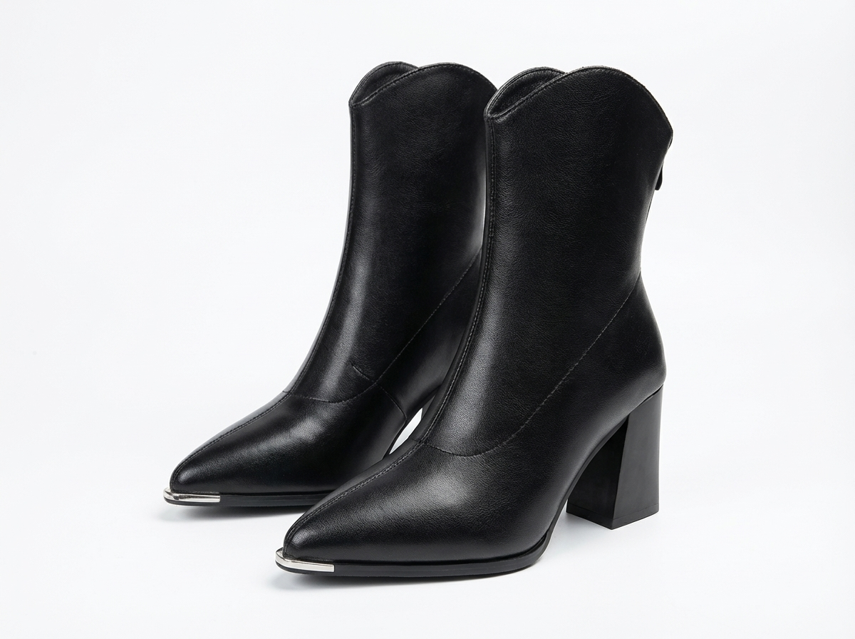 Bottine haute noir Cuir Femme - Bout pointu avec ornement métallique argenté