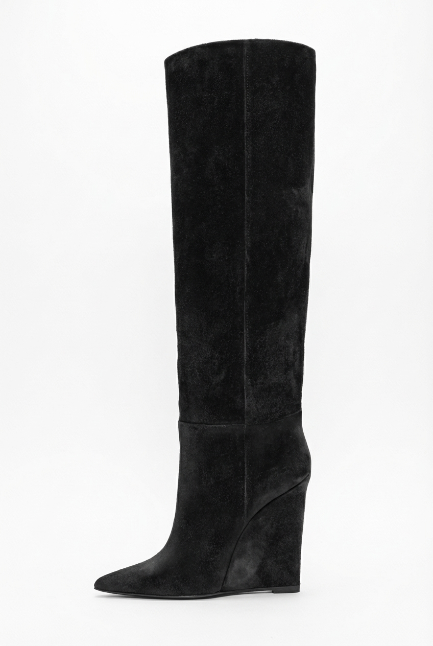 Botte haute noir Daim Synthétique Femme - Santiags noires élégantes à talon compensé