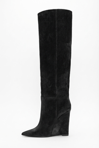 Botte haute noir Daim Synthétique Femme - Santiags noires élégantes à talon compensé 1