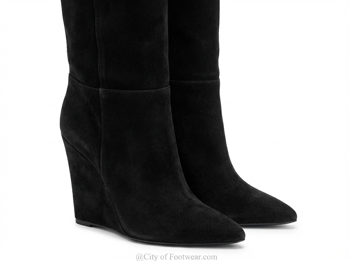 Botte haute noir Daim Synthétique Femme - Santiags noires élégantes à talon compensé 3