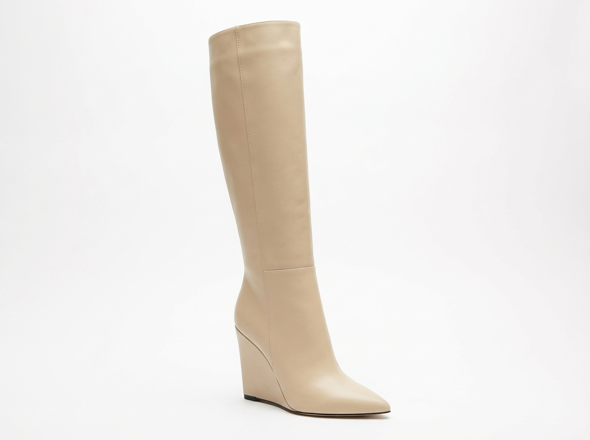 Botte haute beige Simili Cuir Femme - Bottines santiags élégantes au bout pointu