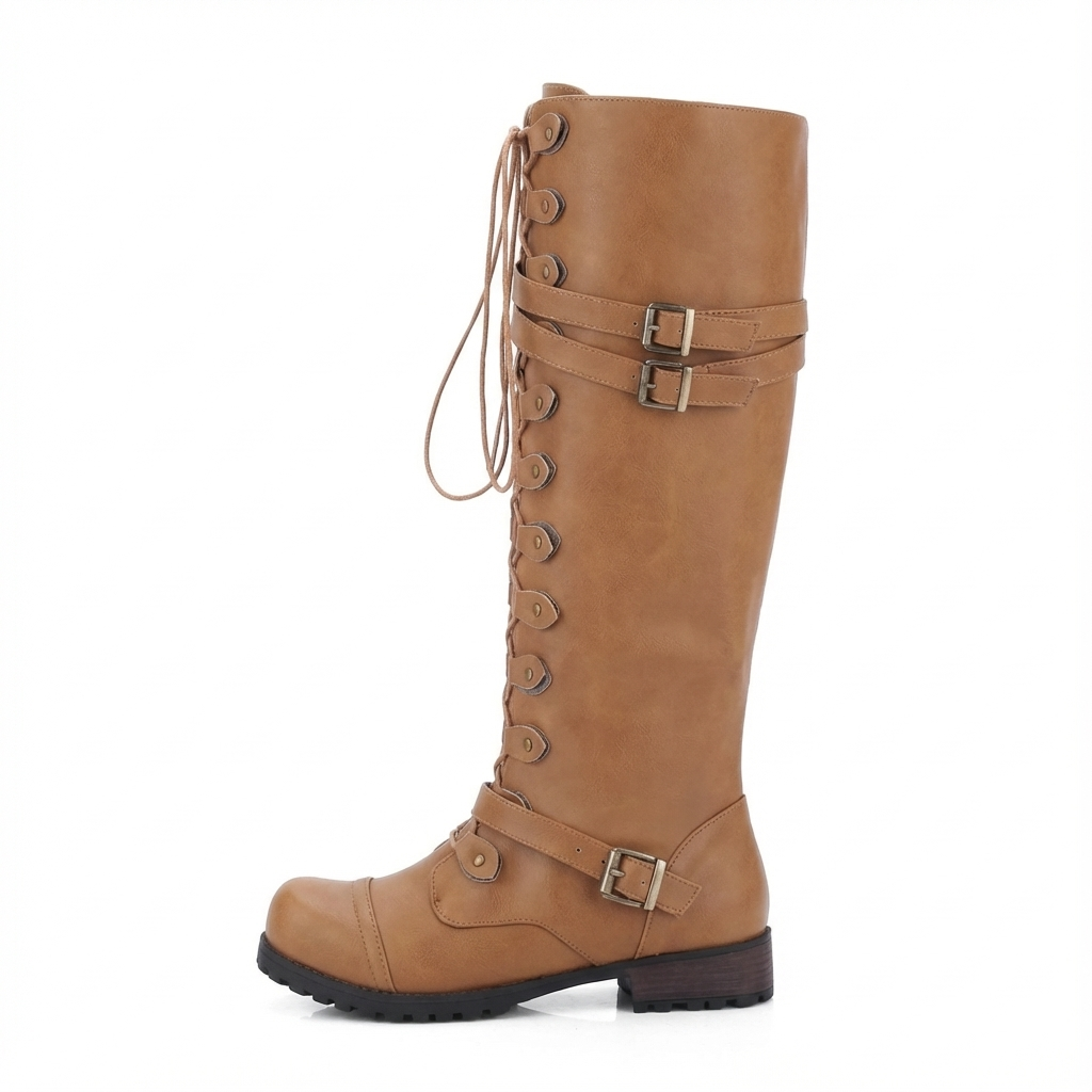 Botte haute camel Simili Cuir Femme - Santiags camel à lacets entrecroisés 2