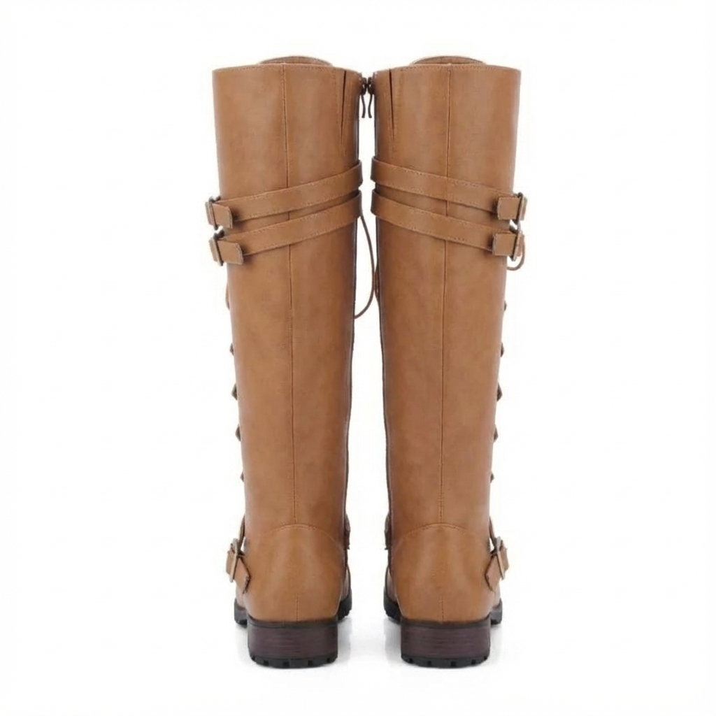 Botte haute camel Simili Cuir Femme - Santiags camel à lacets entrecroisés 3