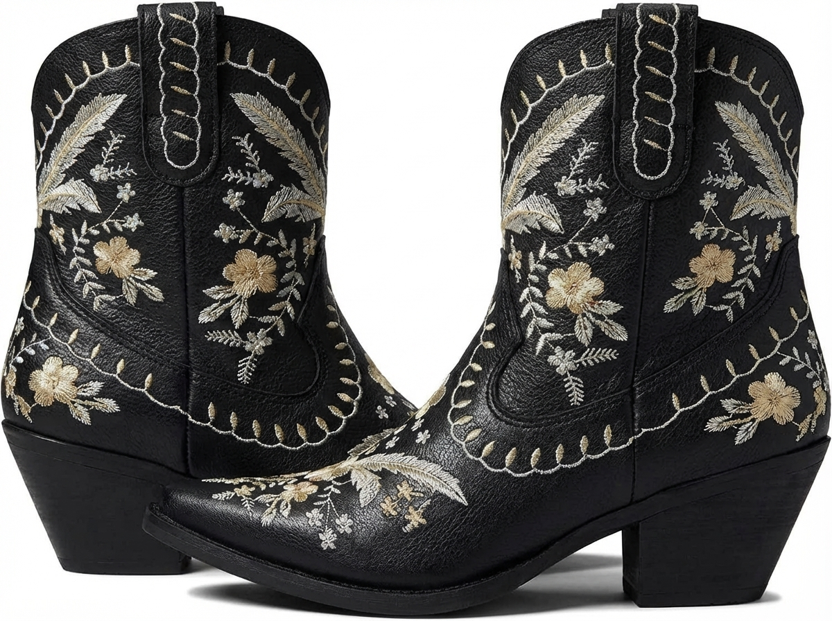 Santiag mi-haute noir Femme - Broderies florales dorées et blanches élégantes 2