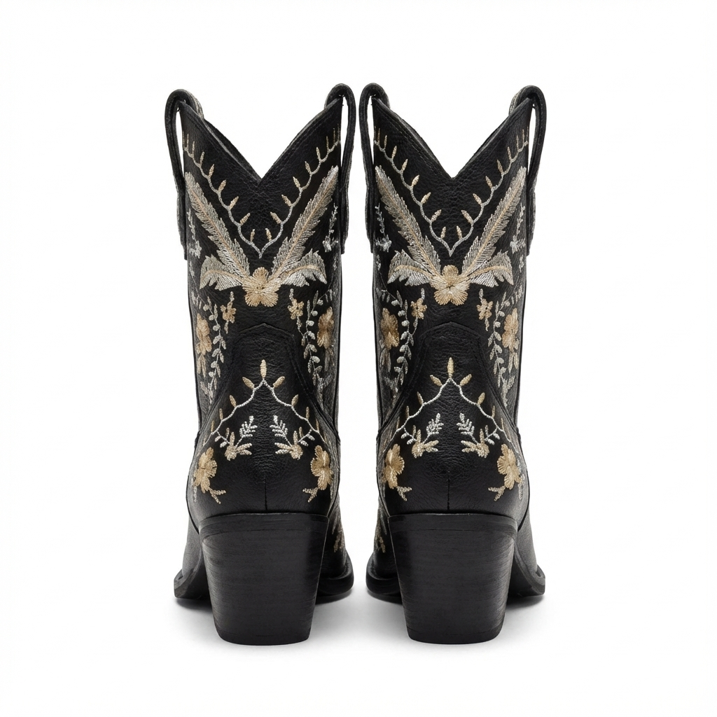 Santiag mi-haute noir Femme - Broderies florales dorées et blanches élégantes 3