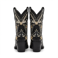 Santiag mi-haute noir Femme - Broderies florales dorées et blanches élégantes 3
