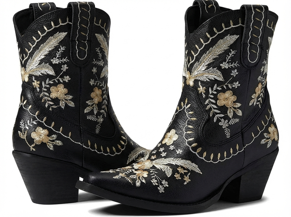 Santiag mi-haute noir Femme - Broderies florales dorées et blanches élégantes