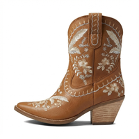 Santiag mi-haute camel Cuir Femme - Broderies florales et talon biseauté classique 2