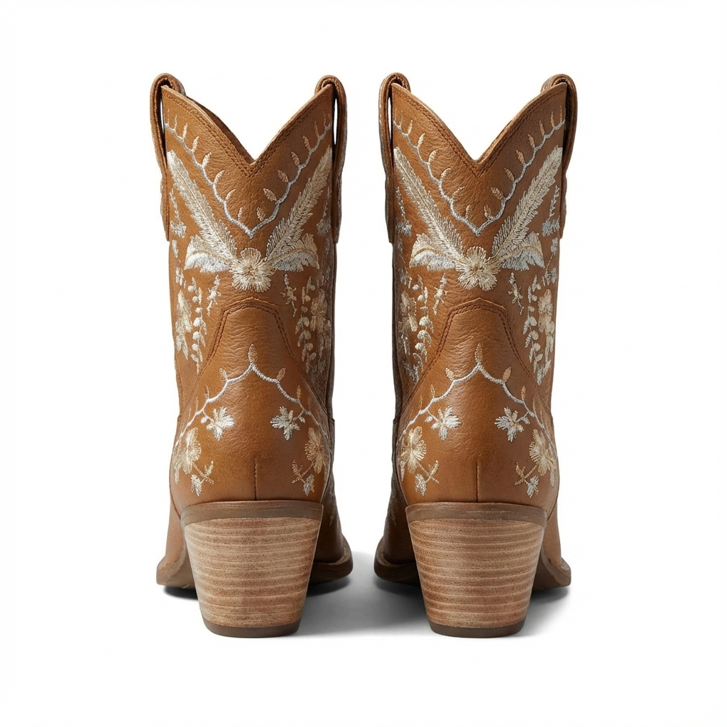 Santiag mi-haute camel Cuir Femme - Broderies florales et talon biseauté classique 3
