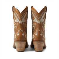 Santiag mi-haute camel Cuir Femme - Broderies florales et talon biseauté classique 3