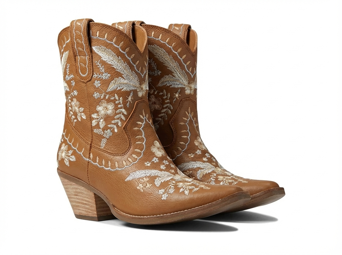 Santiag mi-haute camel Cuir Femme - Broderies florales et talon biseauté classique