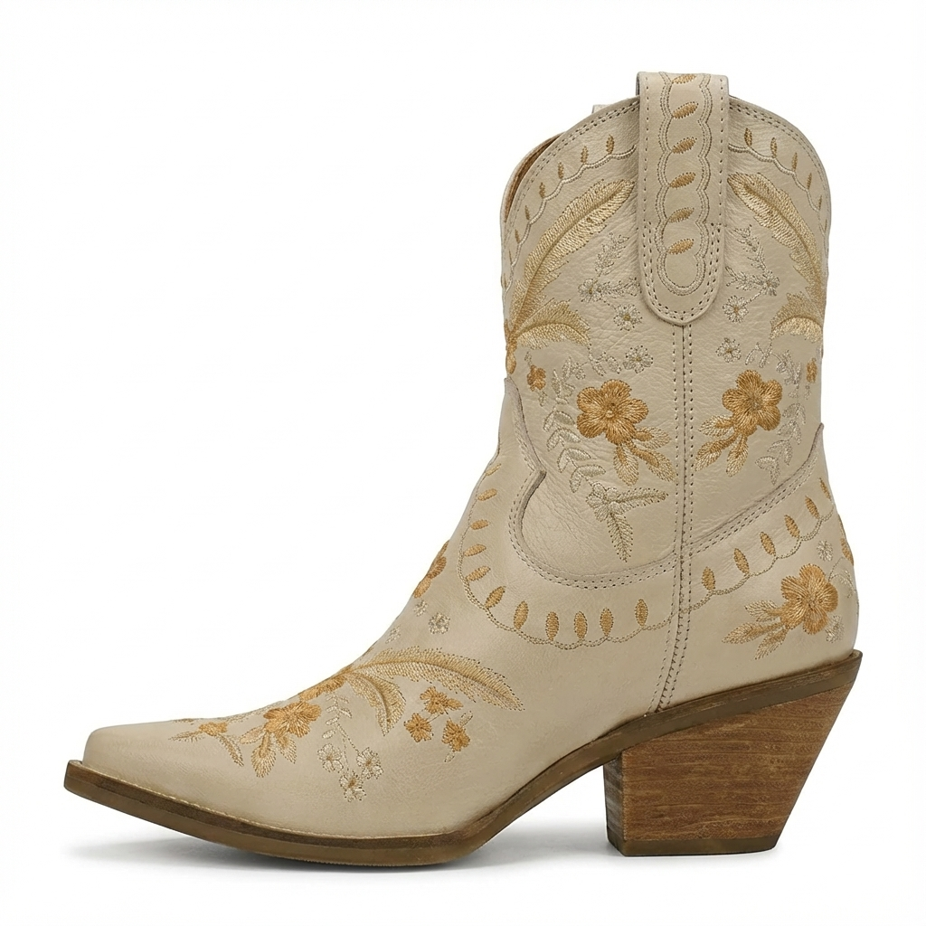 Santiag mi-haute beige Femme - Broderies florales chic sur beige élégant 2
