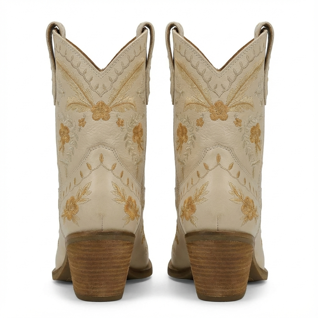 Santiag mi-haute beige Femme - Broderies florales chic sur beige élégant 3