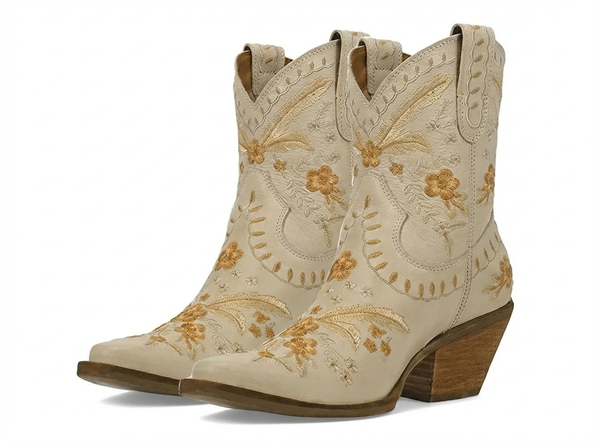 Santiag mi-haute beige Femme - Broderies florales chic sur beige élégant - three_quarter_view