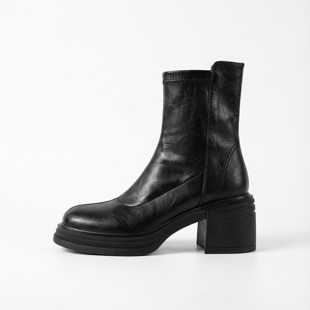 Bottine haute noir Simili Cuir Femme - Élégance contemporaine avec talons carrés robustes 2